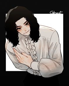 a drawing of a man with long black hair wearing a white shirt and holding his hands together