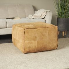 a living room with a couch, chair and ottoman on the floor in front of a potted plant