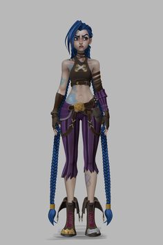 a female character with blue hair and purple pants, holding two long braids in her hands