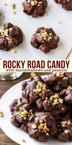 rocky road candy with marshmallows and peanuts on a white plate next to a pile of chocolate covered cookies