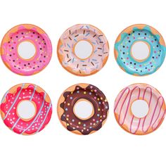 six donuts with different designs on them sitting in front of each other, all painted pink and blue