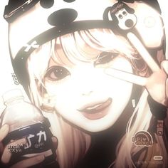 a girl with blonde hair holding a bottle and wearing a helmet on top of her head