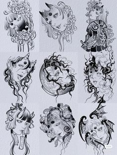 an assortment of tattoo designs on paper