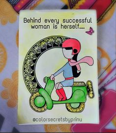 a card with an image of a woman on a scooter and the words behind it