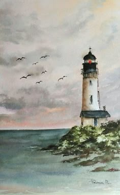 a painting of a lighthouse in the ocean with birds flying around it and clouds above