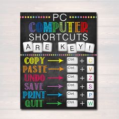 a chalkboard with the words computer shortcuts are key to copy paste and save print out