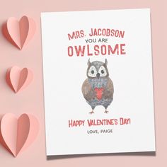 a valentine card with an owl holding a heart