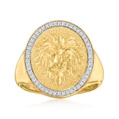 Ross-Simons - .15ct t. w. Diamond Lion Head Signet Ring in 18kt Yellow Gold Over Sterling. Size 6. An RS exclusive. Fiercely fashionable and exclusively ours, this lion head signet ring makes a powerful statement! Crafted in polished 18kt yellow gold over sterling silver, the artful animal rendering features fine details and a sparkling frame of .15 ct. t. w. diamond rounds in white rhodium. 3/4" wide. Diamond lion head signet ring. Diamond birthstones are the perfect gift for April birthdays. Signet Ring Diamond, April Birthday, Diamond Birthstone, Bare Necessities, Lion Head, Stone Cuts, Diamond Stone, Signet Ring, Unique Vintage