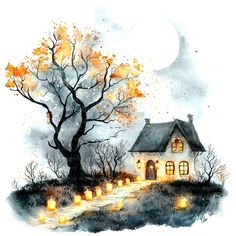 a watercolor painting of a house on a hill with candles in front of it