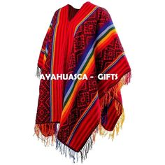 "Our traditional woven red and black poncho with rainbow stripes is as stylish as it is practical at keeping the chill off. Fringe is 2.5 inches long. Pattern and fringe may vary slightly. Woven in the Sacred Valley of the Incas, Peru. Size: 65\" L x 42\" W Shipping Details: *Shipping to destinations worldwide. *Once payment is received, the shipment will take 1 to 3 days. Your purchase will arrive between 4 to 8 days. We are no responsable for: customs delays, busy times at post offices, pandem Peruvian Poncho, Poncho Outfit, Black Poncho, Knitted Cape, Sacred Valley, Wool Poncho, Black Rainbow, Poncho Cape, Poncho Sweater