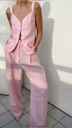 Luxury Chic Linen Pants, Luxury Linen Summer Pants, Pink Linen Set Outfit, Chic Linen Vacation Set, Linen Coordsets, Fabulous Clothes, City Chic, Linen Clothes