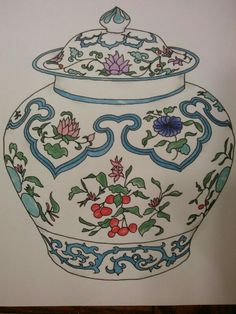 a drawing of a blue and white vase with colorful flowers on it's lid