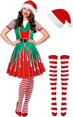 About this item
Christmas Elf Costume Set: you will receive 1 piece of elf Christmas dresses for women, 1 piece of Christmas hat, 1 pair of thigh high socks, the nice combination will make you have a happy Christmas party
Size Information: there are 3 different sizes of Christmas dress to meet your different needs; Medium: 35.4 inches/ 90 cm in length, 7 inches/ 18 cm in sleeve length; Large: 35.8 inches/ 91 cm in length, 7.2 inches/ 18.5 cm in sleeve length; X-large, 36.2 inches/ 92 cm in length, 7.5 inches/ 19 cm in sleeve length; Thigh high socks measure approx. 70 x 10 cm/ 27.5 x 3.9 inches; Santa hat measures approx. 40 x 29 cm/ 15.7 x 11.4 inches; Please check the size chart before purchase Christmas Dresses For Women, Striped Thigh High Socks, Santa Socks, Christmas Dresses, Christmas Outfits Women