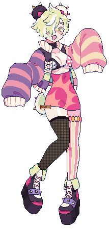 an image of a cartoon character with pink and purple stripes on her body, holding a stuffed animal