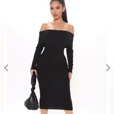 Fashionnova Midi Dress Size Medium. Never Worn And Still In Bag It Was Sent In. Open To Offers Black Off-shoulder Midi Dress For Fall, Trendy Black Midi Dress For Evening, Black Off-shoulder Midi Dress For Spring, Casual Off-shoulder Bodycon Dress For Evening, Casual Off-shoulder Evening Bodycon Dress, Trendy Black Midi Bodycon Dress, Casual Black Off-shoulder Bodycon Dress, Black Dresses For Winter Day Out, Black Winter Dresses For Day Out