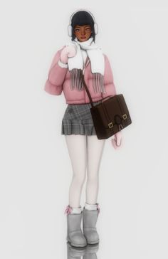 a digital painting of a woman wearing winter clothes and holding a brown purse with her right hand