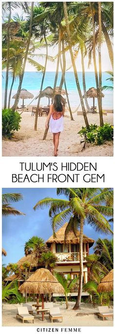 two pictures with the words tulum's hidden beach front gmm on them