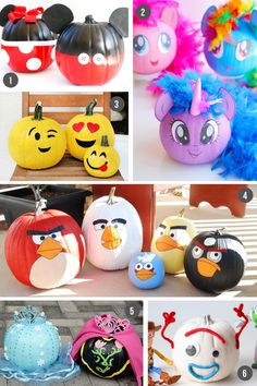 many different types of painted pumpkins with faces on them