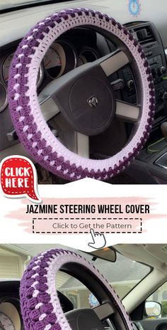 the steering wheel cover is crocheted in purple and white