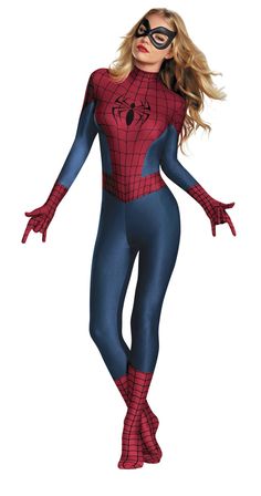 a woman dressed in a spider - man costume is standing with her hands on her hips