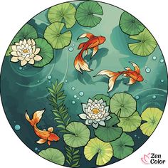 an image of koi fish in the pond with lily pads and water lilies