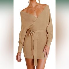 Zesica Women's Long Batwing Sleeve Wrap V Neck Knitted Backless Bodycon Pullover Sweater Dress With Belt Xs New With Tags Beige Stretch V-neck Sweater Dress, Beige V-neck Stretch Sweater Dress, Beige V-neck Sweater Dress With Stretch, Beige Knit Mini Dress For Parties, Beige Knit Bodycon Mini Dress, Beige Bodycon Mini Dress For Winter, Winter Bodycon Mini Dress In Beige, Winter Beige Bodycon Mini Dress, Beige Bodycon Sweater Dress For Party