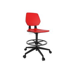 an office chair with a red seat and black base, viewed from the front on a white background