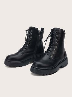 Preto Neutro Collar   Simples Botas de combate Embellished   Sapatos femininos Dr Shoes, Womens Combat Boots, Zipper Heels, Black Combat Boots, New Rock, Boots Women Fashion, Round Toe Heels, Chunky Boots, Maze Runner