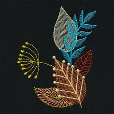 a black background with an embroidered design of leaves and flowers on the left side of the image