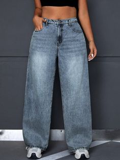 Plus Size Casual Washed Loose Straight Leg Jeans Medium Wash    Denim Plain Straight Leg Non-Stretch  Women Plus Clothing, size features are:Bust: ,Length: ,Sleeve Length: Elegant Dresses Long, Black Party, Boho Women, Inspiration Mode, Kids Beachwear, Plus Size Casual, Denim Jean, Wide Leg Jeans, Plus Clothing