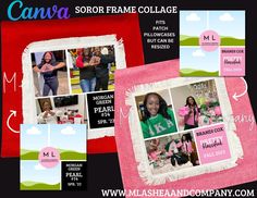 the collage has photos of women in pink and green on it, including one woman with