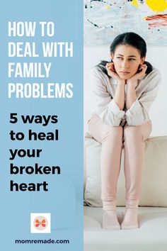 a woman sitting on top of a couch with her hand under her chin and the words how to deal with family problems