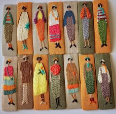 nine pieces of handmade fabric with people in different colors and sizes, each featuring an individual's own image