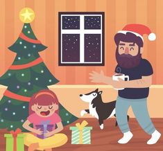 a man with a beard is playing with his daughter and dog in front of a christmas tree