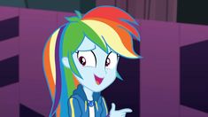 the rainbow - haired pony is pointing at something in front of her, while she's wearing a striped shirt