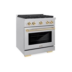 a stainless steel oven with two burners and gold trimmings on the front