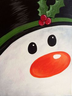 a painting of a snowman wearing a green hat and holly berry on his head