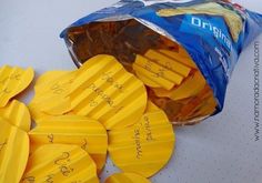 several yellow pieces of paper with writing on them next to a bag of bread slices