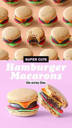 hamburger macarons are stacked on top of each other with the caption super cute