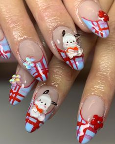 Sanrio Christmas Nails, Sanrio Nails Acrylic, Txt Inspired Nails, Nails Characters, Sanrio Acrylic Nails, Pochacco Nails, Txt Nails, Sanrio Nail Art, Sanrio Nails