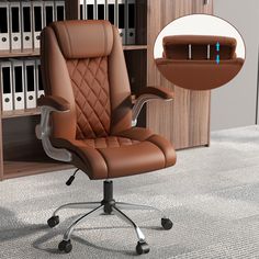 a brown office chair sitting in front of a bookcase