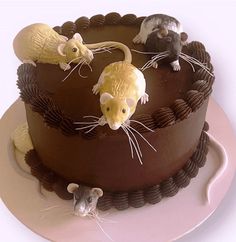 a chocolate cake decorated with mice on top