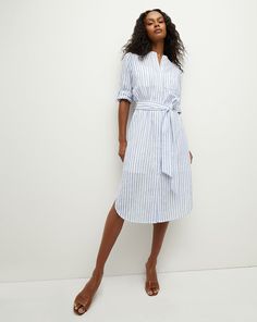 Taking you from city sidewalks to beach boardwalks, the Bianca dress will be on heavy rotation all summer long. It’s made from 100% cotton with a soft, lived-in feel and features a slightly sheer stripe pattern with woven details. Shirting details—patch pockets and interior tabs to secure rolled-up sleeves—complete this timeless silhouette. Wear it solo for a breezy fit or use the removable belt to cinch the waist.100% cottonLining: 100% polyesterDry clean onlyStyle #J2405CO14021265 Cotton Summer Shirt Dress For Day Out, Summer Cotton Shirt Dress For Day Out, Relaxed Fit Shirt Dress For Summer Daytime, Relaxed Fit Summer Shirt Dress For Daytime, Beach Summer Midi-length Shirt Dress, Summer Cotton Shirt Dress, Beach Summer Midi Length Shirt Dress, Casual Midi-length Shirt Dress For Beach, Daytime Shirt Dress For Spring