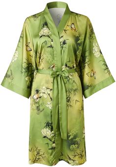 PRICES MAY VARY. Polyester Charmeuse. Selected high quality fabrics. This beautiful kimono has the smoothest flowing drape and comfort and silky soft . One Size Fits Most. Fits up to 46" at chest & hip. 36" length. If you require a size larger than our size specification, this robe will not close. Kimono collar, belt loops and inside ties. Tie closure. There are pockets on both sides. Continuous cutting sleeves wrap design, side slits at hem. French seam finish. Hand Wash, hang dry. Or dry clean Clavicus Vile, Kimono Collar, Robe For Women, Green Kimono, Plus Size Kimono, Beautiful Kimono, Beautiful Kimonos, Womens Kimono, French Seam