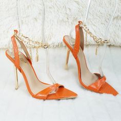 New Reptile Embossed With Gold Tone Hardware Pointy Toe With Metal Toe Protector Sling Back Style With Lobster Clasp Adjustable Chain And Lock Accent 5' Heels (Approx) Us Ladies Sizes Trendy Orange Heels For Party, Trendy Orange Party Heels, Orange Ankle Strap Heels For Party, Orange Pointed Toe Heels For Night Out, Pad Lock, Strap High Heels, Lock Chain, Sling Back, Orange Gold