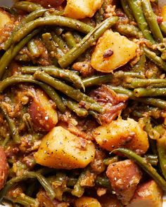 green beans, potatoes and meat in a white bowl