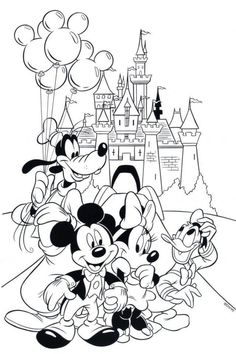 mickey mouse and friends in front of the castle coloring page for kids to print out