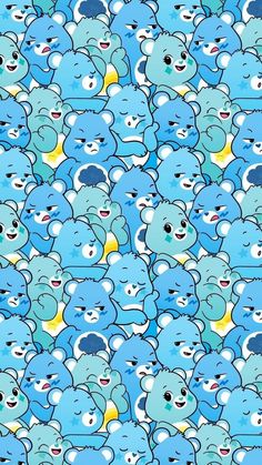 a large group of blue teddy bears with different expressions on them, all in the same pattern