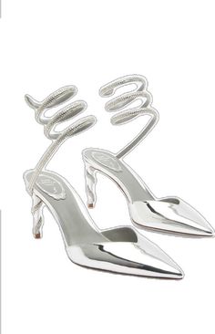 Silver High Heel Luxury Slingback Pumps, Luxury Silver High Heel Slingback Pumps, Silver Slingback Pumps With 4-inch Heel For Evening, Luxury Silver Slingback Pumps With Heel Strap, Luxury Silver Slingback Pumps For Evening, Silver Slingback Pumps With Branded Heel For Evening, Designer Silver Slingback High Heels, Luxury Rhinestone Slingback Pumps For Party, Metallic High Heel Slingback Pumps For Evening