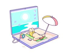 a person laying on the beach in front of a laptop with an umbrella over their head